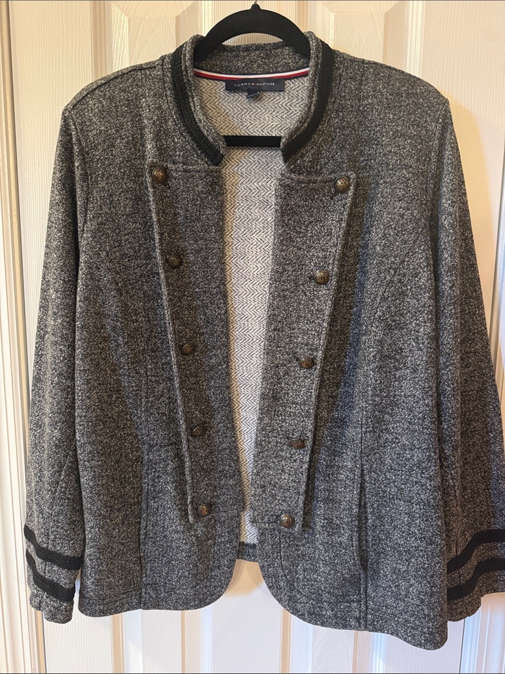 Tommy Hilfiger Gray Double-Breasted Knit Blazer with Black Trim